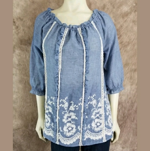 Ali Miles Floral Embroidered Peasant Tunic Blouse - Picture 3 of 6